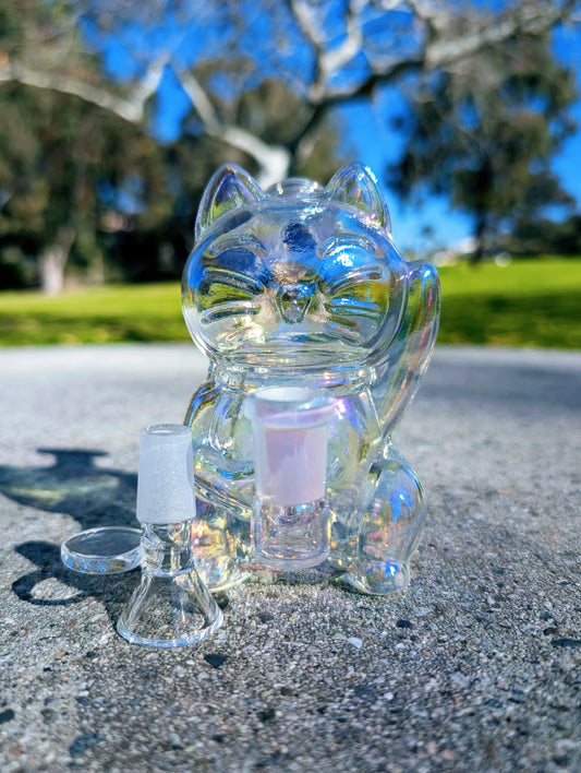 5.5" Rainbow Waving Lucky Cat Maneki Neko Rig
